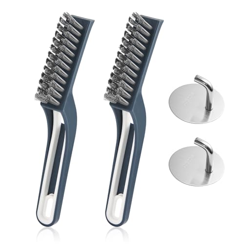 Image of PEUTIER 2pcs Hard Bristle Crevice Cleaning Brushes and 2pcs Hooks, Multifunctional Gap Cleaning Brush Grout Cleaner Scrub Brush for Household Use Shower Tile Kitchens Bathrooms Window Toilet (Blue)
