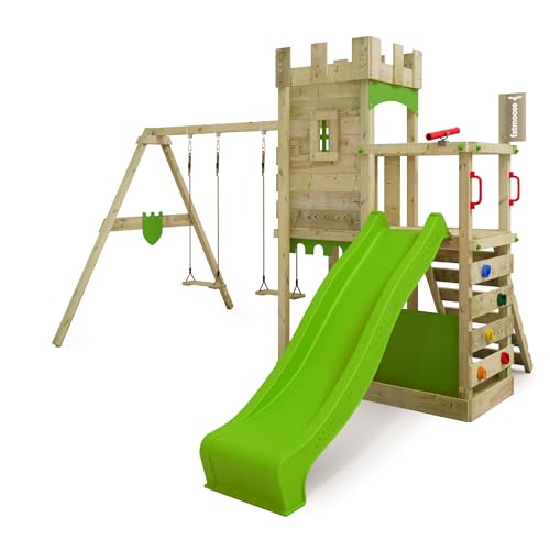 Fatmoose Aire de Jeux Château Fort BoldBaron Boost XXL avec balançoire & Toboggan Vert Pomme, extérieur Enfants Tour d'escalade avec bac à Sable échelle &...