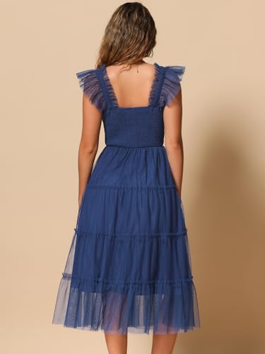 Image of Allegra K Women's Summer Midi Tulle Dress Sleeveless Smocked Square Neck Tiered Ruffled Wedding Guest Dress