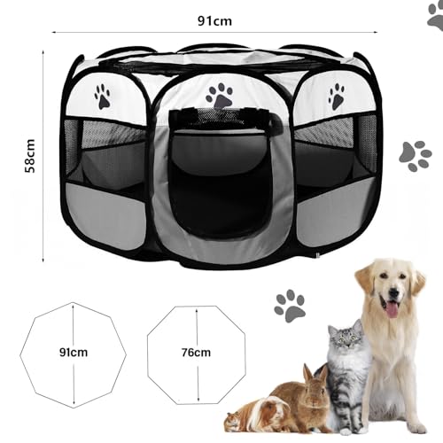 MeYuxg Welpenauslauf 91x91x58cm, Haustier Hundezaun, Tragbarer Laufstall für Innen- und Außenbereich, Hundegehege Katzengehege, Geeignet für Hunde, Katzen und Kleintiere, Grau
