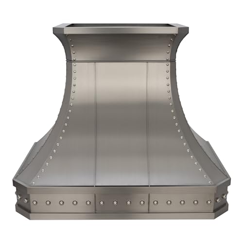 Custom Stainless Steel Range Hood, Handmade Kitchen Hood with Powerful Range Hood Insert, Classic Stove Vent Hood with Straps & Rivets, 30"W x 27"H Island Mount, HSI030C-302727BSS