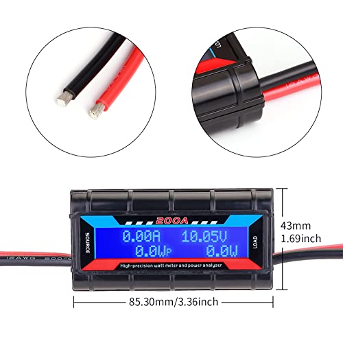 2Pcs 200A Longer/Short Wire Watt Meter Set, High Precision Power Analyzer Battery Voltage Amp Consumption Performance Monitor With Lcd Backlight Screen For Rc, Battery, Solar, Wind Power, Ebike #TOP6