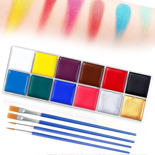 Face Body Paint Kit,Professional Face Painting Kit,12 Colors Oil Based Painting Palette with 4 Professional Artist Brushes,Halloween SFX Cosplay Makeup Body Makeup for Kids and Adult (12 COLORS)