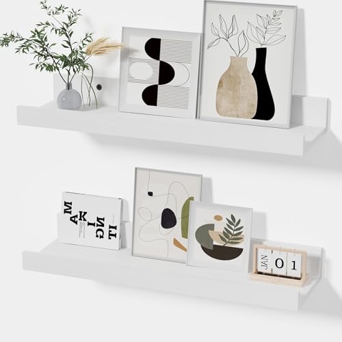 Modcraft White Floating Shelves with Lip 16 Inch, Wall Mounted Picture Ledge, Small Wood Wall Shelf for Bathroom Bedroom Living Room, Display Shelf for Photos Frames Collectibles Set of 2