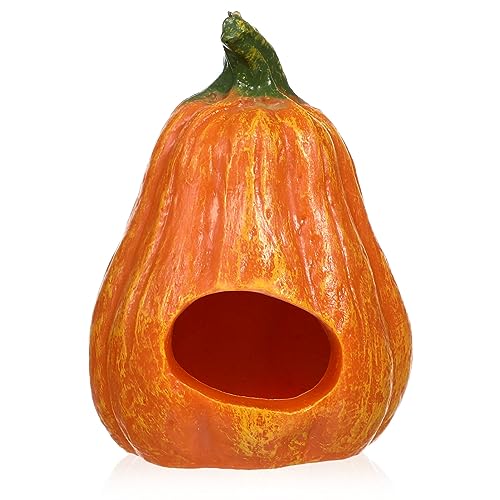 POPETPOP Resin Pumpkin Aquarium Décor Ornaments, Fish Tank Safe Decorations, Small Turtles Hiding Hole Cave, Table Decor Reptile Box Shelter Habitat -Thin Pumpkin