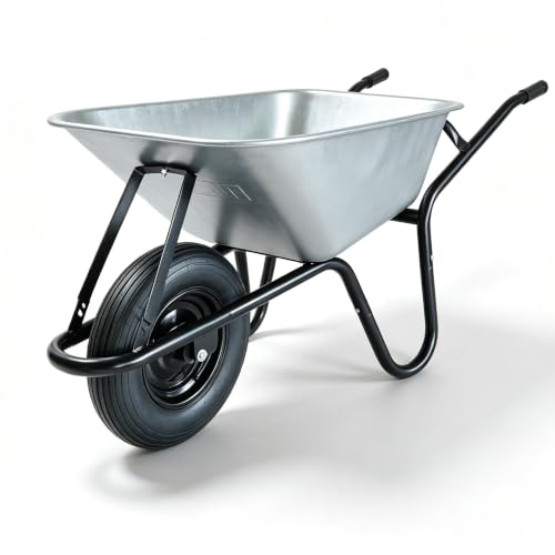 Image of TuffLine 85L Heavy Duty Wheelbarrow, Galvanised Steel Wheel Barrow with Black Frame, Pneumatic Tyre, Garden Wheelbarrow for Gardening, Landscaping & Building