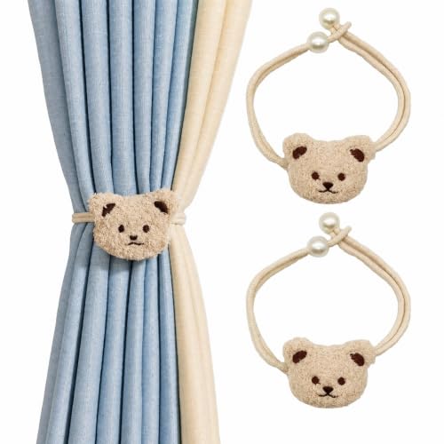 Image of RHYMEZEAL Beige Bear Curtain Tiebacks 2 Pack, Adjustable No-Drill Rope Ties | Plush bear curtain ties with adjustable no-drill braided rope for nurseries, kids' rooms, bedrooms, and living rooms.