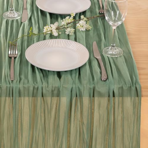 Image of MLMC 8 Pack Sage Green Table Runner 10ft Rustic Gauze Summer Cheesecloth Table Runner 35x120 Inches Cheese Cloth for Boho Wedding Bridal Shower Centerpiece Decor