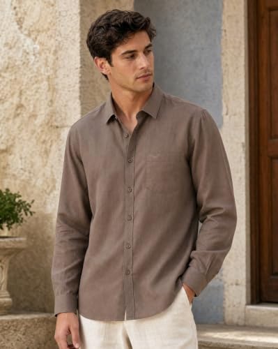 Image of Nobero Breezy Premium Linen Cotton Shirt for Men | Stylish Casual Shirts for Men | Semi Cut Collar | Box Pleat | Curved Hem | Regular Fit | Full Sleeve | S-XXXL