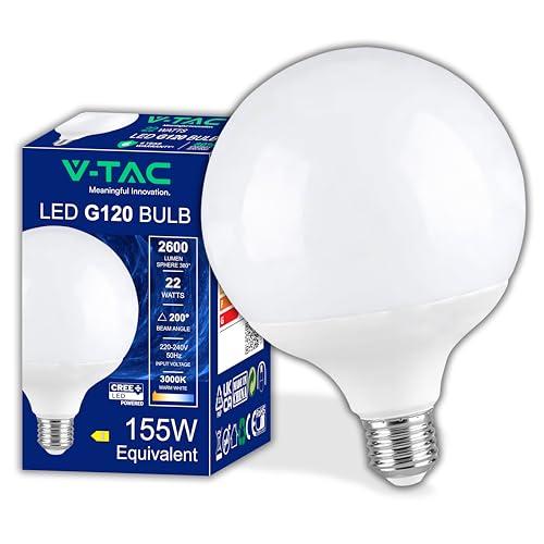 V-TAC Bombilla LED Globo E27-22W (Equivalente a 155W) G120-2600 Lumen - Bombilla LED Máxima Eficiencia y Ahorro Energético - 3000K Blanco Cálido