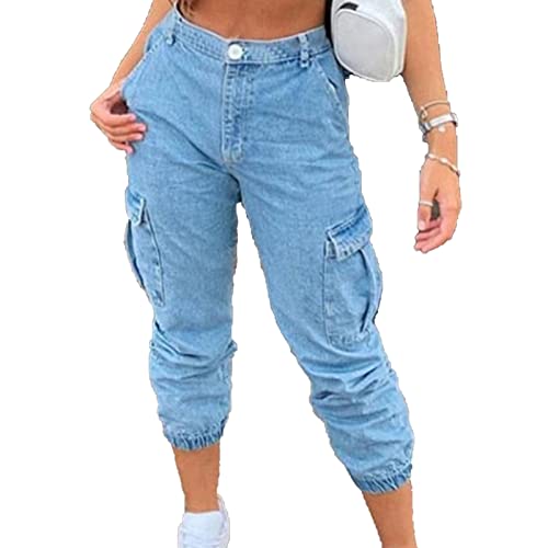 Women's Side Pocket Drawstring Wash Denim Pants Loose Knit-Waist Cargo Capri Pant Baggy Relaxed-Fit Jeans