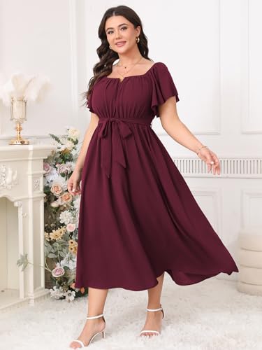 Image of SCOMCHIC Women Plus Size Maxi Dress Off The Shoulder Bridesmaid Formal Wedding Guest Belted Flowy A Line Long Dresses