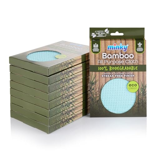 Minky Bamboo All Purpose Cleaning Cloth Pack of 9, 100% Biodegradable Cloth, Waffle Texture, Strong & Long Lasting Cleaning Cloths, Super Absorbent Natural Bamboo & Cotton Fibres