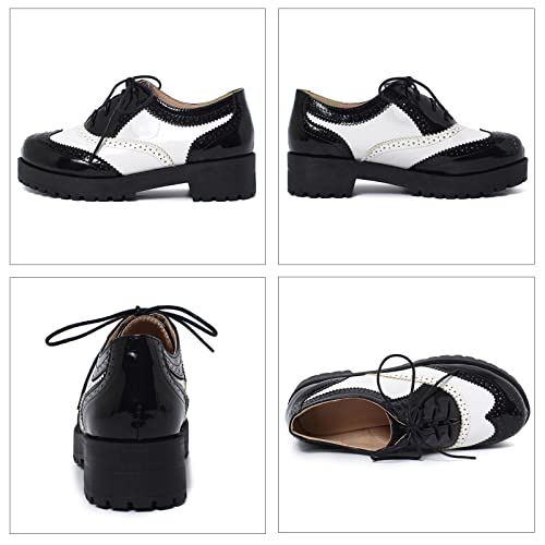 SHEMEE Women's Saddle Shoes Two Tone Patent Leather Chunky Mid Heels Wingtip Oxfords Platform Lug Sole Brogues (Black-White, US 8.5) by SHEMEE - Used condition - Image 6