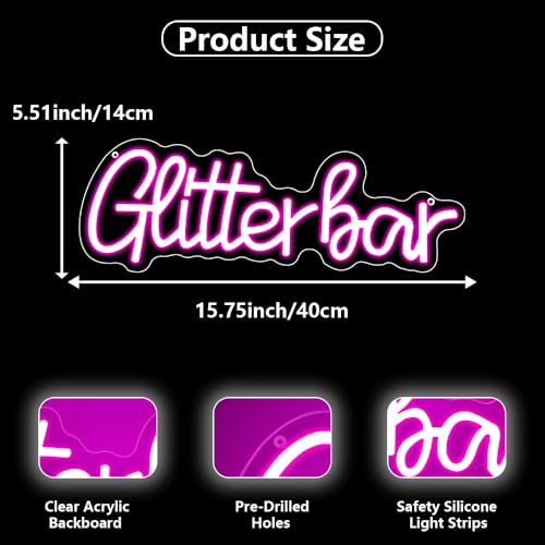 Image of Glitter Bar Neon Sign,Bar Signs for Home Bar Decor,Led Bar Sign for Wedding,Birthday Party,Music Festival,Bachelor Party,Halloween, Christmas Decoration,Best Gift for Boys and Girls