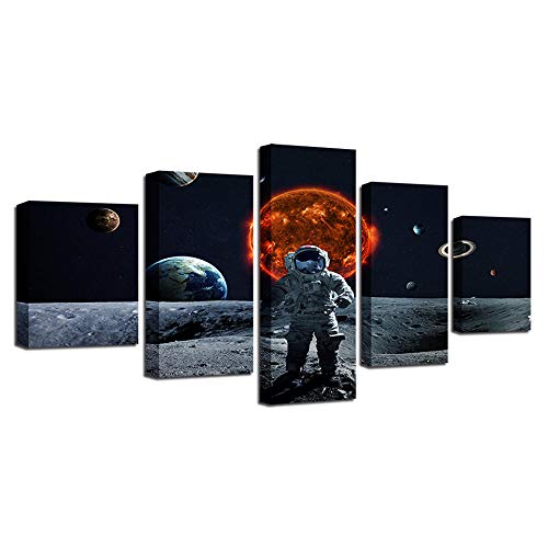 Impression sur toile intissée astronaute lune deco murale moderne chambre et salon 5 pieces