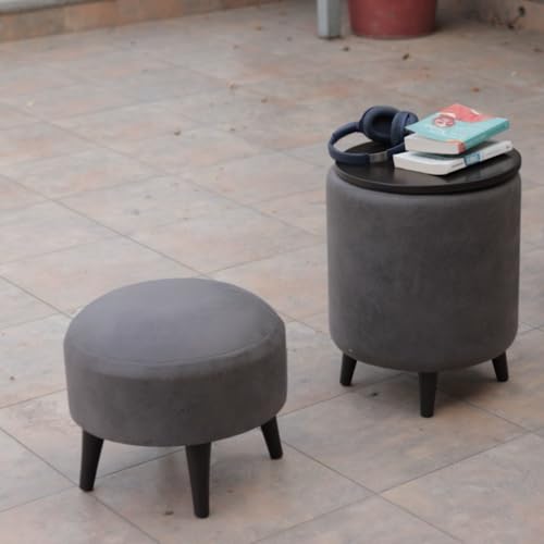 Image of Wooden Ottoman Stool Combo /Bundle for Sitting with Wooden Legs | Round Bench Coffee /Side /End Table for Living Room Furniture Home Dressing Decor - Storage Cum Seating Box (16-in Grey) 02-Pc