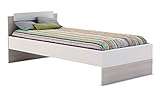 Estructura para cama juvenil apta para somier de 90x190 cm. Somier NO incluido. En color blanco mate y efecto acacia. El detalle decorativo del cabezal es blanco brillo.