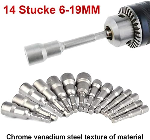 14 Pcs Magnetic Hexagon Socket, 6-19mm Hex Shank Magnetic Nut Setter Driver, Hex Drill Bits,1/4 Inch Magnetic Drill Bit Set, Used to Electric Screwdriver Handle Tools