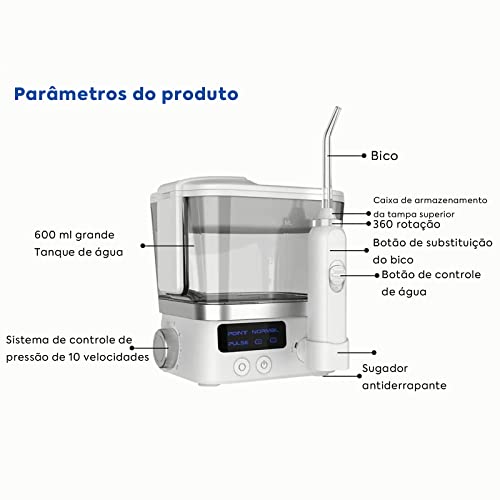 Irrigador Oral Limpeza Profunda com 6 Bicos,600ml de grande capacidade,10 MODOS E BICOS GIRATÓRIOS