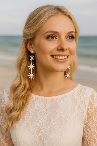 Blingsoul Gold 3 Star Earrings - Silver 3 Star Hexagonal Snowflakes Dangling Wedding Jewelry for Women Bride2