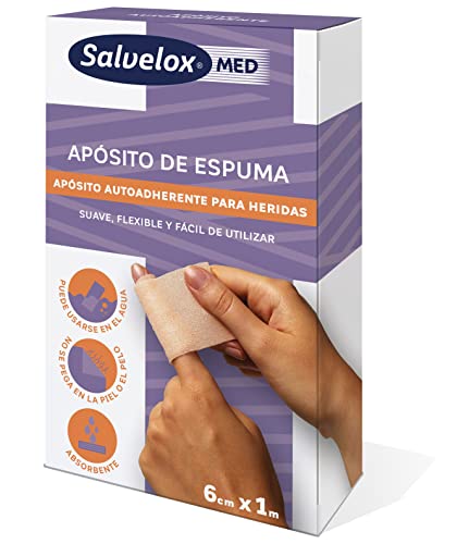 Salvelox ® | Apósito de espuma | Apósito de espuma autoadherente elástico y absorbente que no se adhiere a la piel | 6 cm x 1m