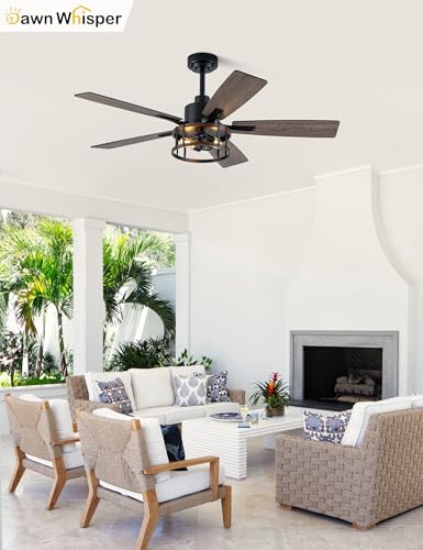 Image of Dawn Whisper Farmhouse Ceiling Fans with Lights 52 Inch Black Caged Rustic Ceiling Fan for Bedroom Living Room and Patio Reversible Quiet DC Motor 6 Speeds