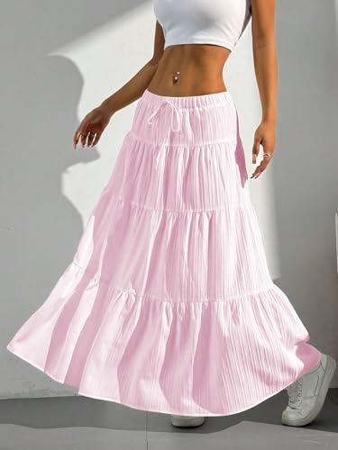 Image of Verdusa Women's Long Maxi Skirt Boho Flowy Flared Ruffle Skirts 2026 Beach Vacation Summer Going Out Outfits