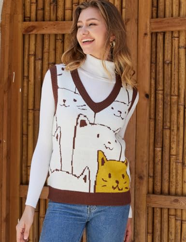 Image of Gihuo Womens Cat Sweater Vest V Neck Y2k Graphic Knitted Vests Pullover Sleeveless Knitwear Cute Tunic Knit Top