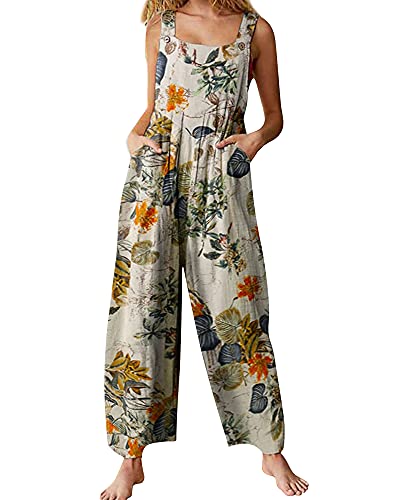 Springcmy Women's Loose Overall Dungarees Floral Jumpsuit Sleeveless Casual Baggy Playsuit Summer Wide Leg Long Pants Romper (C-Yellow, S)