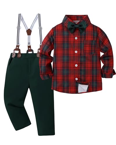 YALLET Boy Christmas Clothes Suit Formal Dress Shirt with Bowtie+Suspender Pants Boy Gentleman Wedding Outfits (Red and Green Plaid 6-7 Years)