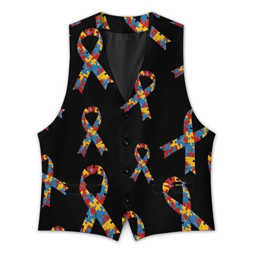 Autism Ribbon Awareness Suit Vest for Men Casual Business Tuxedo Slim Fit Suit Vests Lightweight Waistcoat2