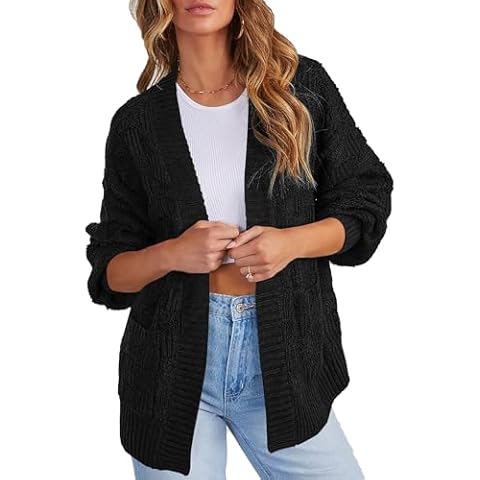 Cakulo Womens Oversized Fall Checkered Cardigan Sweaters 2024 Trendy Open Front Chunky Cardigans Knit Sweater Coats Black L Cover