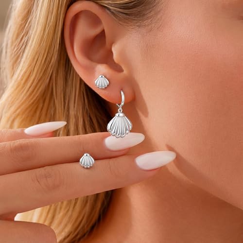 Silver Large Seashell Dangle Stud Earrings for Women, Summer Beach Ocean Drop Earrings for Multiple Piercing Cartilage, Dainty Trendy Dangling Earring 2 Pairs Set Vacation Outfits Accessories Jewelry by Gelbesty - Used condition - Image 2