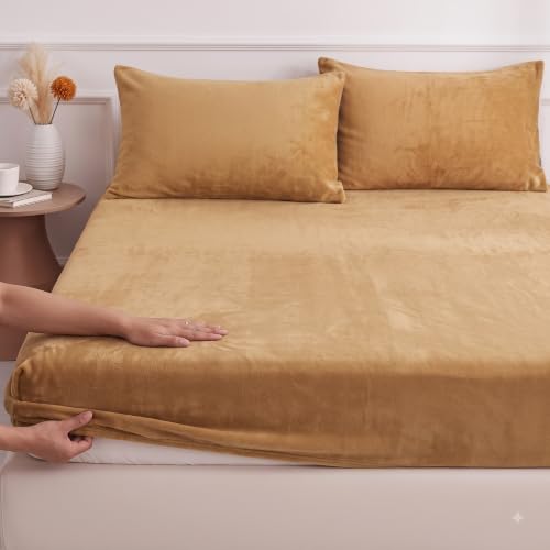 Image of BSB HOME 280 GSM Warm Plush Fitted Bedsheet, Soft Cozy Stretchable Mattress Sheet with Elastic Fitted Corners, Comfortable Winter Bedding for Double Bed, 72 x 78 + 8 Inches(183x198+20 cm) - Warm Camel