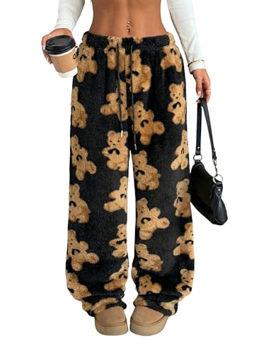 Image of ZAFUL Women's Fuzzy Plush Pajama Pants Wide Leg Pj Bottoms Lounge Pants | Soft Fluffy Sleep Pants Drawstring Elastic Waist Teddy Pjs for Women No Pockets