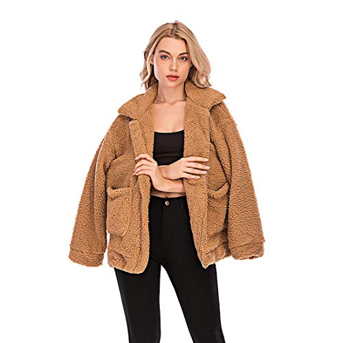 Nsbs Women Coat Casual Lapel Fleece Fuzzy Faux Shearling Zipper Outwear Jackets (Khaki,Xl) #TOP2