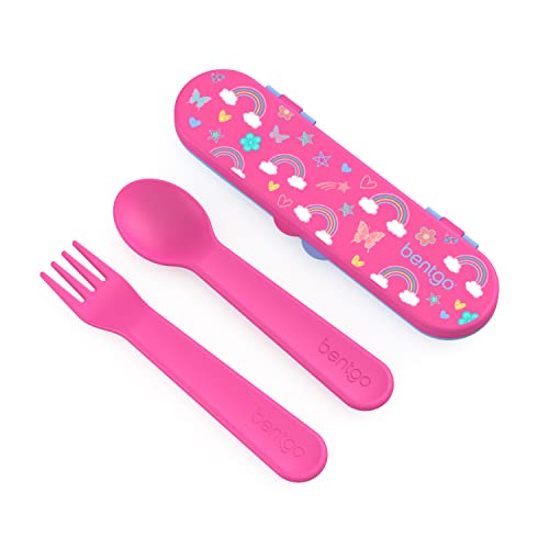 Image of Bentgo Kids Utensil Set - Reusable Plastic Fork, Spoon & Storage Case BPA-Free Materials, Easy-Grip Handles, Dishwasher Safe Ideal for School Lunch, Travel, Outdoors (Rainbows and Butterflies)