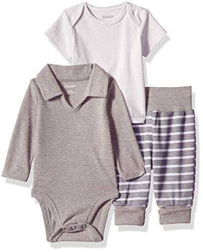 Hanes unisex baby Ultimate Flexy Knit Jogger With Polo Bodysuit and Short Sleeve Crew Layette Set, Grey Stripe, 6-12 Months US