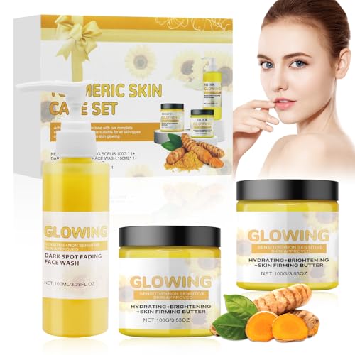 Horuili® Set de cuidado de la piel con cúrcuma, set de cuidado de la piel con cúrcuma 3 en 1, lavado facial, crema de cúrcuma, exfoliantes, set de esencia de cúrcuma hidratante, suavizante