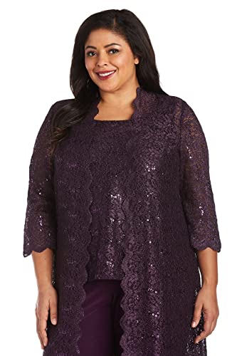 R&M Richards Women's Plus Size 3 Pce Laced Duster Jacket Shell And Solid Pant,  Plum,  16W #TOP4