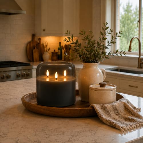 Image of Homemory 6 x 6 Inch Extra Large Flameless Candle, Grey Glass 3-Wick LED Pillar Candle with Smooth Rounded Rim, Real Wax Battery Operated Candle with Remote Control and Timer for Home Decor