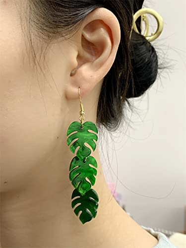 Green Palm Leaf Dangle Earrings for Women Girls Lightweight Resin Tropical Green Plant Statement Drop Fish Hook Stud Earring Fashion Cute Festival Halloween Jewelry Gifts Nature Lover (Leaves)2