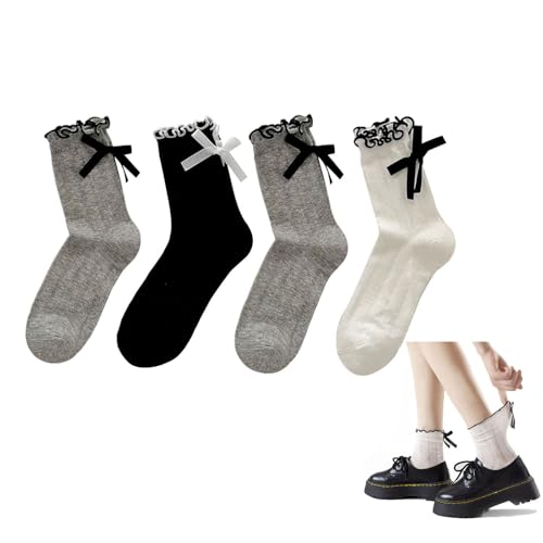 Image of Women's Ruffle Sock Frilly Lettuce Edge Socks For Girl Cute Cotton Crew Slouchy Socks Womens Bow Crew Sock