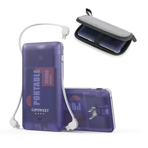 LIPSWEET Portable Power Bank, Slim 10000mAh Portable Charger, USB C Fast Charging External Battery Pack with Built-in AC Wall Plug, Three Cables for Cell Phone,Tablet,Smart Devices (Purple)