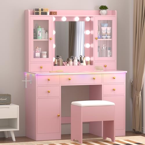Wodeer Vanity Desk with Mirror and Lights, 43" Pink Makeup Vanity Set with 5 Drawers & Glass Cabinets, Storage Stool, Power Outlet & Adjustable LED Lights, Dressing Table for Women & Girls Bedroom