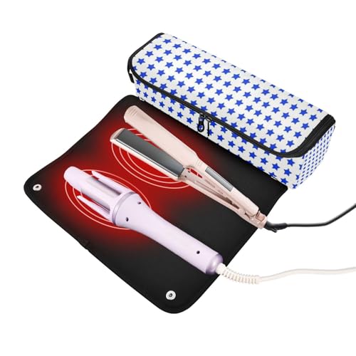 2-en-1 Estuche de viaje para rizador y tapete resistente al calor con cierre de cremallera Organizador impermeable para planchas de pelo y herramientas calientes, estilizador y volumizador para cabello patrón azul estrellado miniatura 2