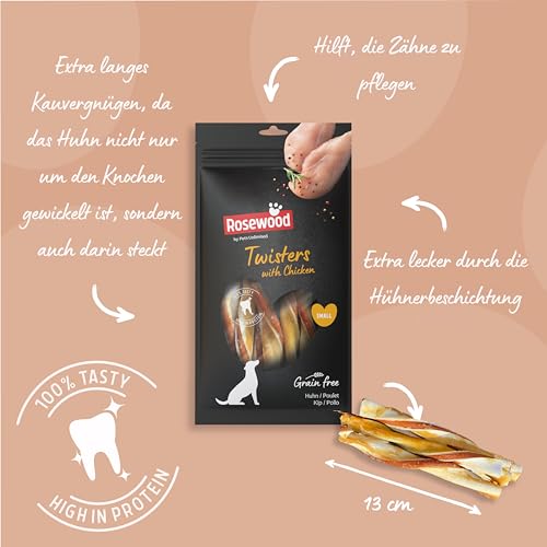 Rosewood Twisters Huhn Small – Fester Kausnack aus Rinderhaut für kleine Hunde, Kaustange mit Huhn, unterstützt die Zahnpflege, ohne Getreide, ohne künstliche Zusatzstoffe, 90 g