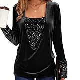 Black Women's Velvet Sequin Tops, Long Sleeve Sparkly Tshirt Square Neck Glitter Shirts & Blouse Plus Size Xmas Party Evening Club Ladies Top UK - Image 2