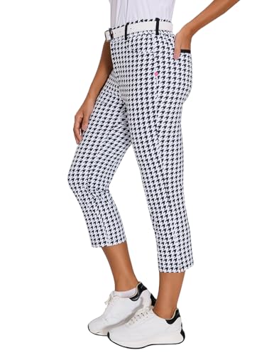 SERSARY Golfhose Damen 7/8 Golf Hose Stretch mit Rechte Reißverschlusstasche Gürtelschlaufen Soft Golf-Hosen Caprihosen Leichte Jogginghose, Fitnessleggings für Sport, Büro, Lounge,Hahnentritt,XL